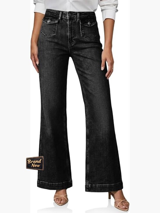 Denim - High Waisted Wide Leg Baggy Jeans with Pockets